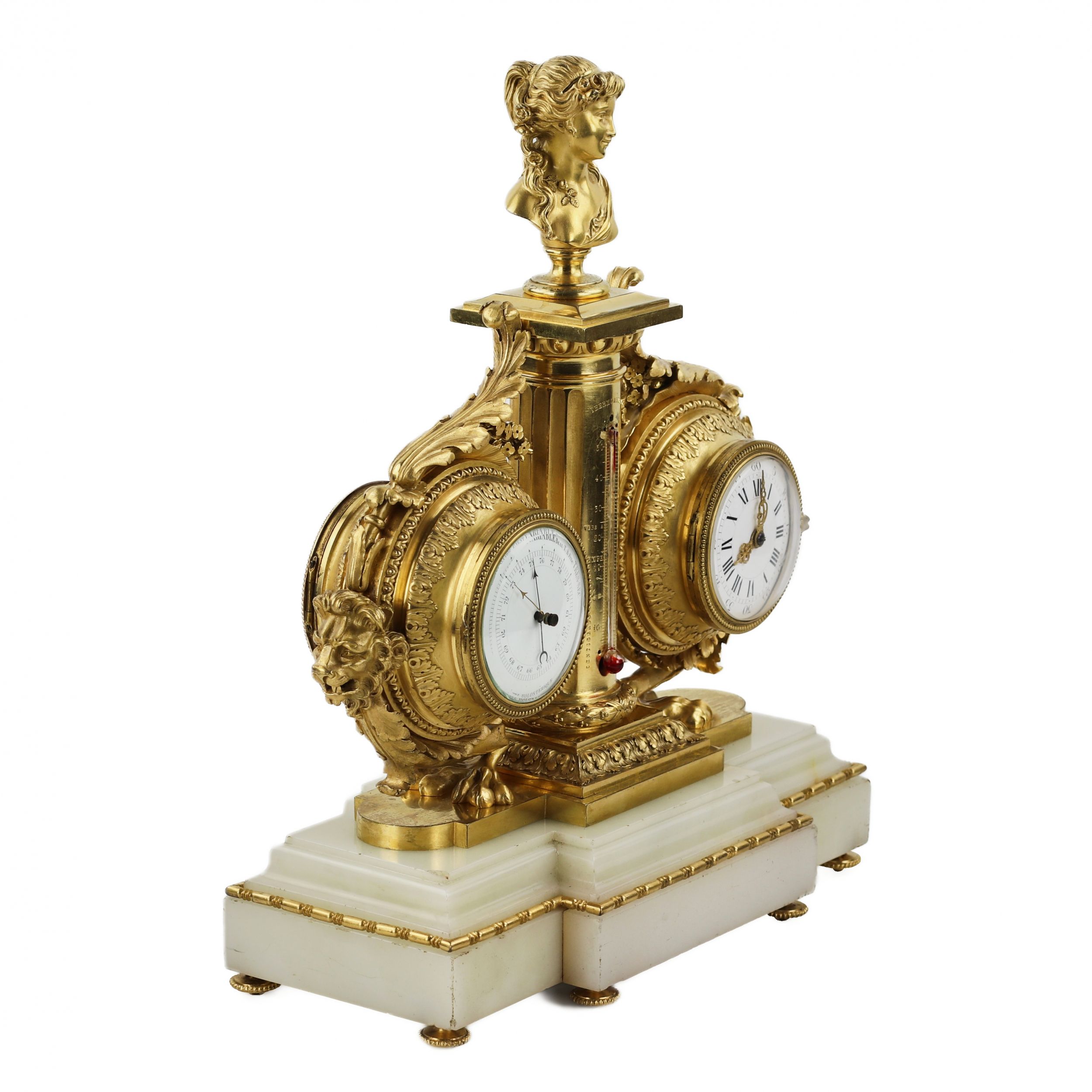 Tabletop instrument in white marble, gilded bronze: with clock, thermometer and barometer. 19th cent - Image 2 of 7