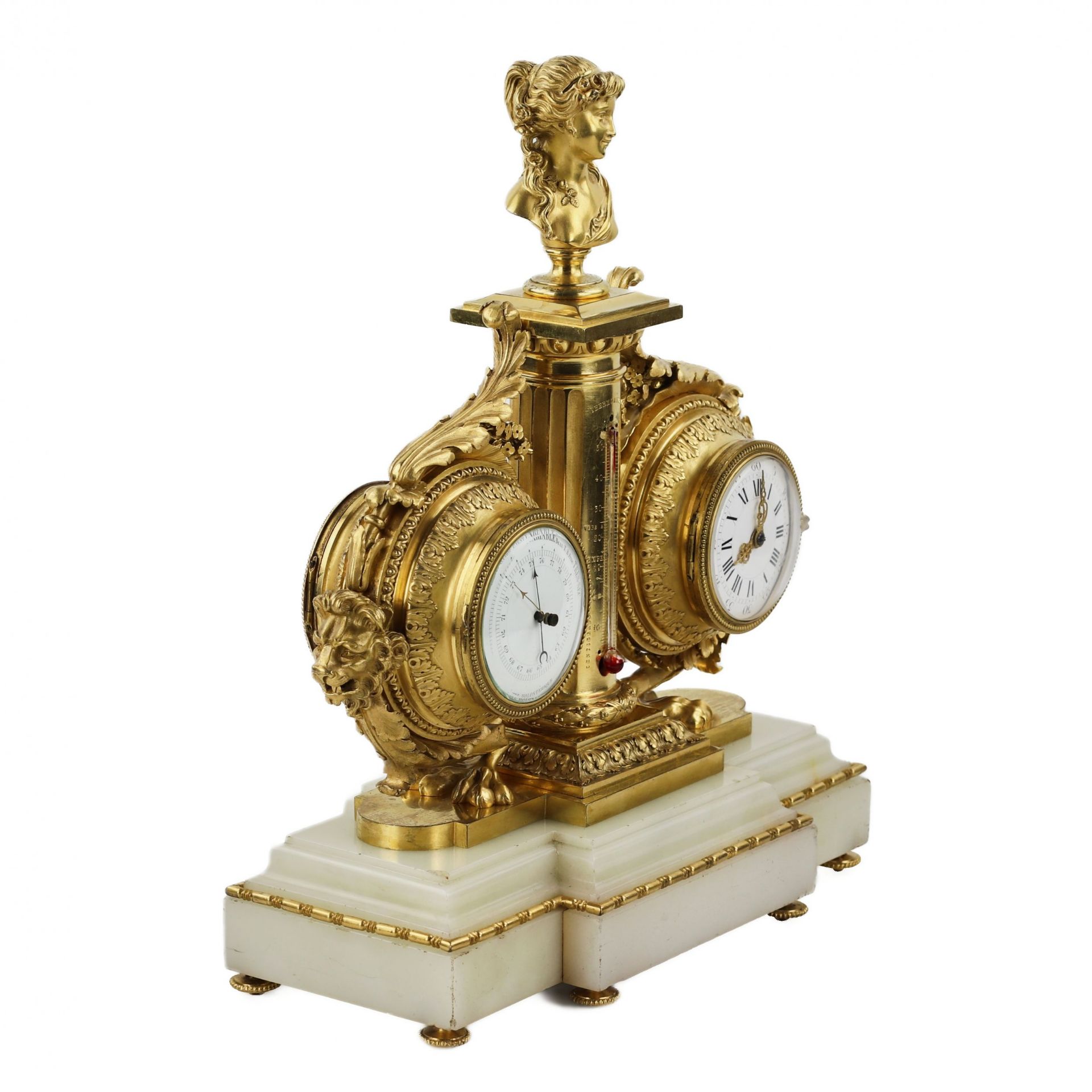 Tabletop instrument in white marble, gilded bronze: with clock, thermometer and barometer. 19th cent - Bild 2 aus 7