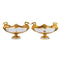 Pair of oval vases in cast glass and gilt bronze, with swan motif. France 20th century.