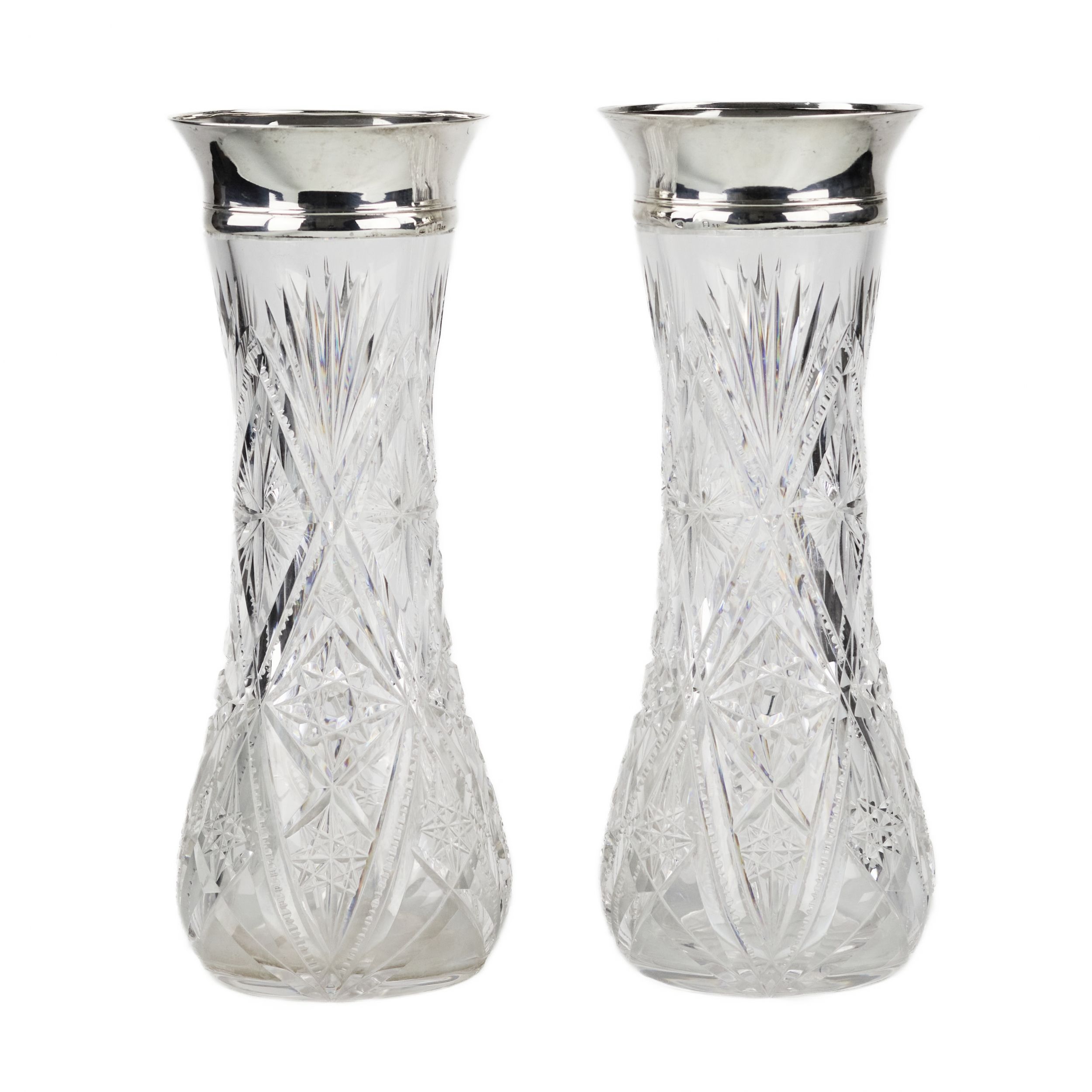 Pair of crystal vases with silver trim. Russia. Riga. 1908 -1920.