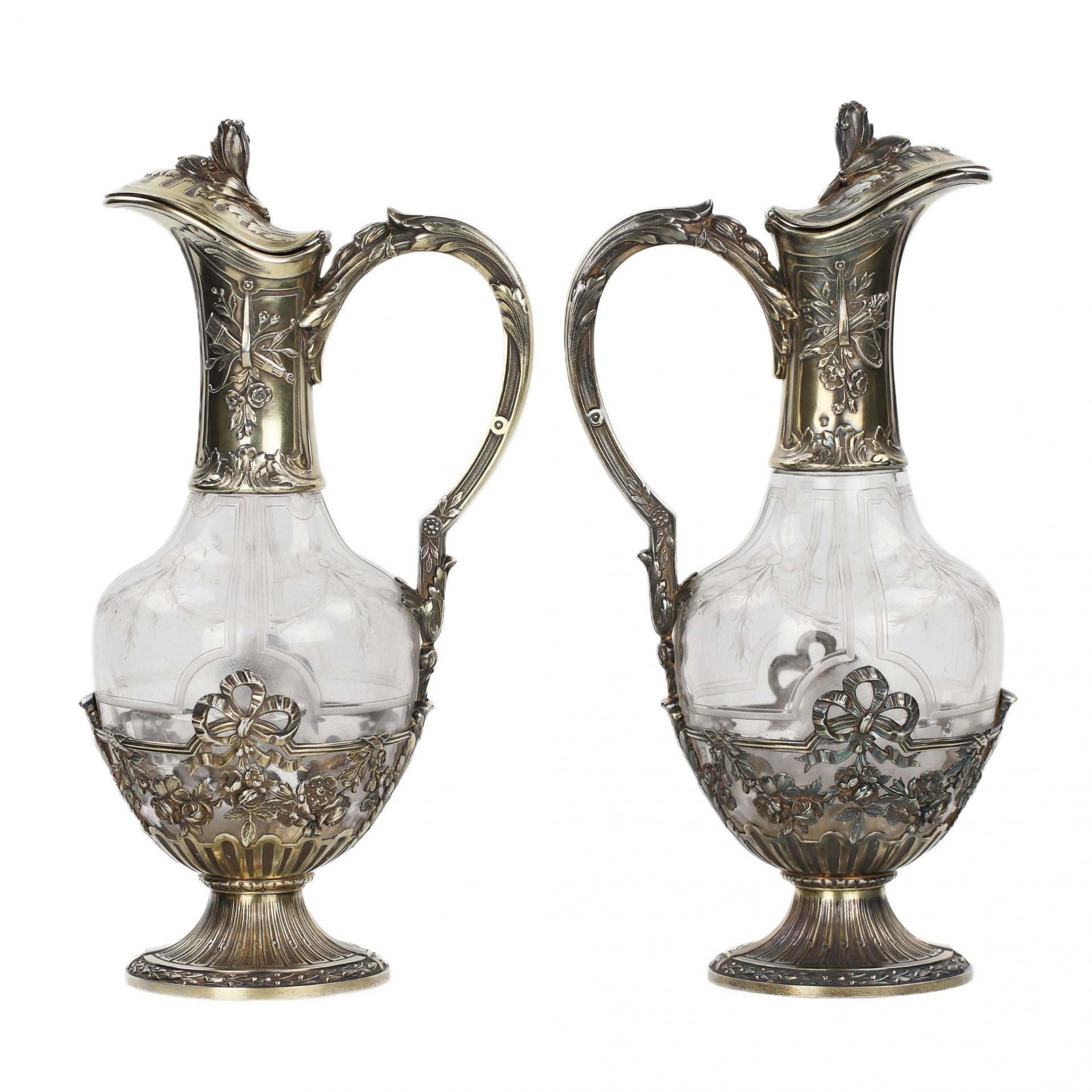 Pair of French glass wine jugs in silver from the late 19th century. - Bild 3 aus 9