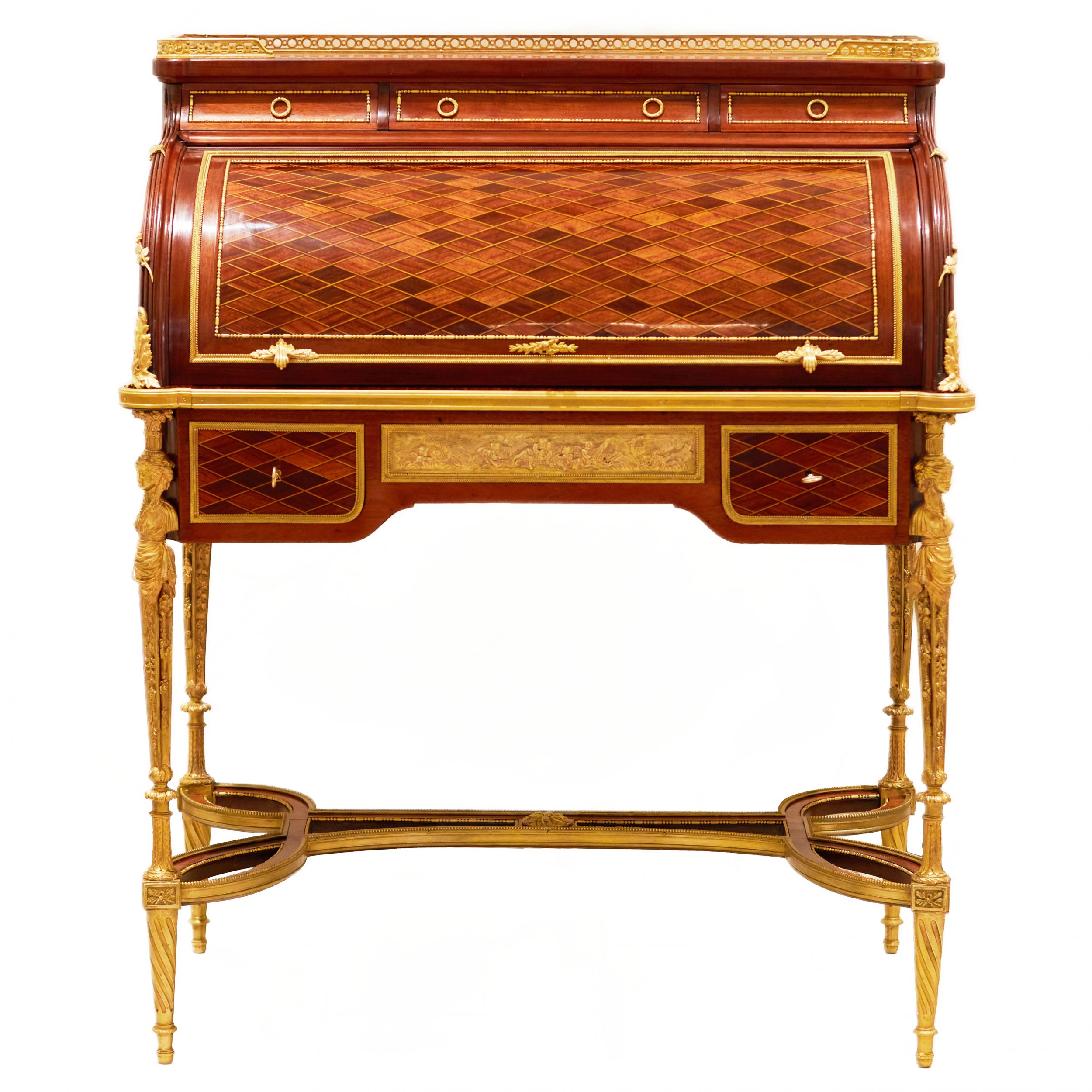 E.KAHN. A magnificent cylindrical bureau in mahogany and satin wood with gilt bronze. - Image 3 of 14