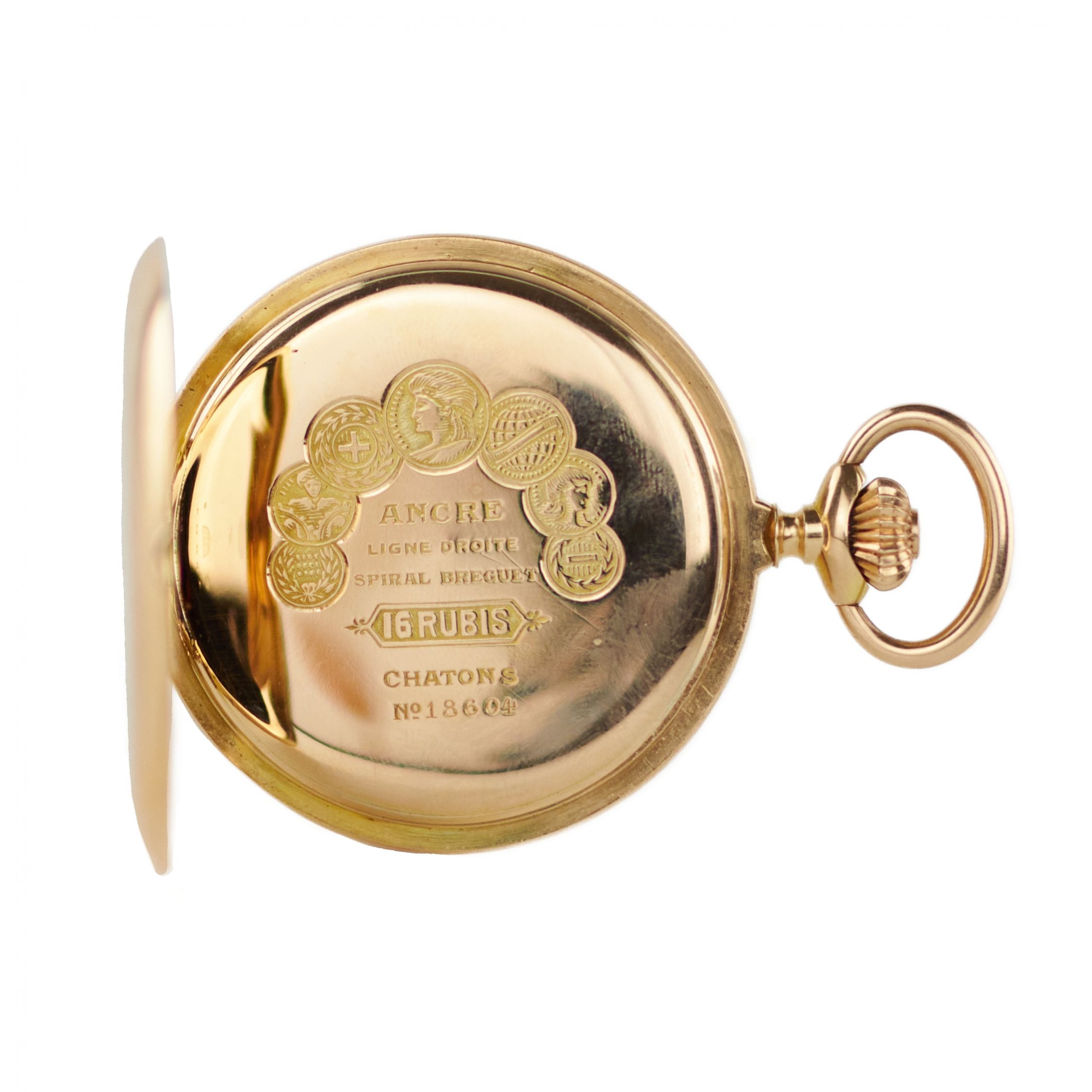Gold, three-case, pocket watch with a chain and an erotic scene on the dial. 1900 - Image 3 of 12