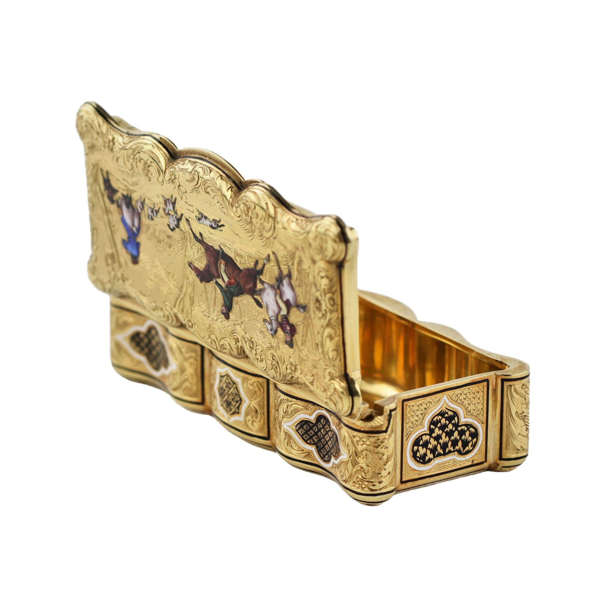 18K gold enameled snuffbox with scenes of equestrian hunting. French work of the 19th century. - Bild 8 aus 10