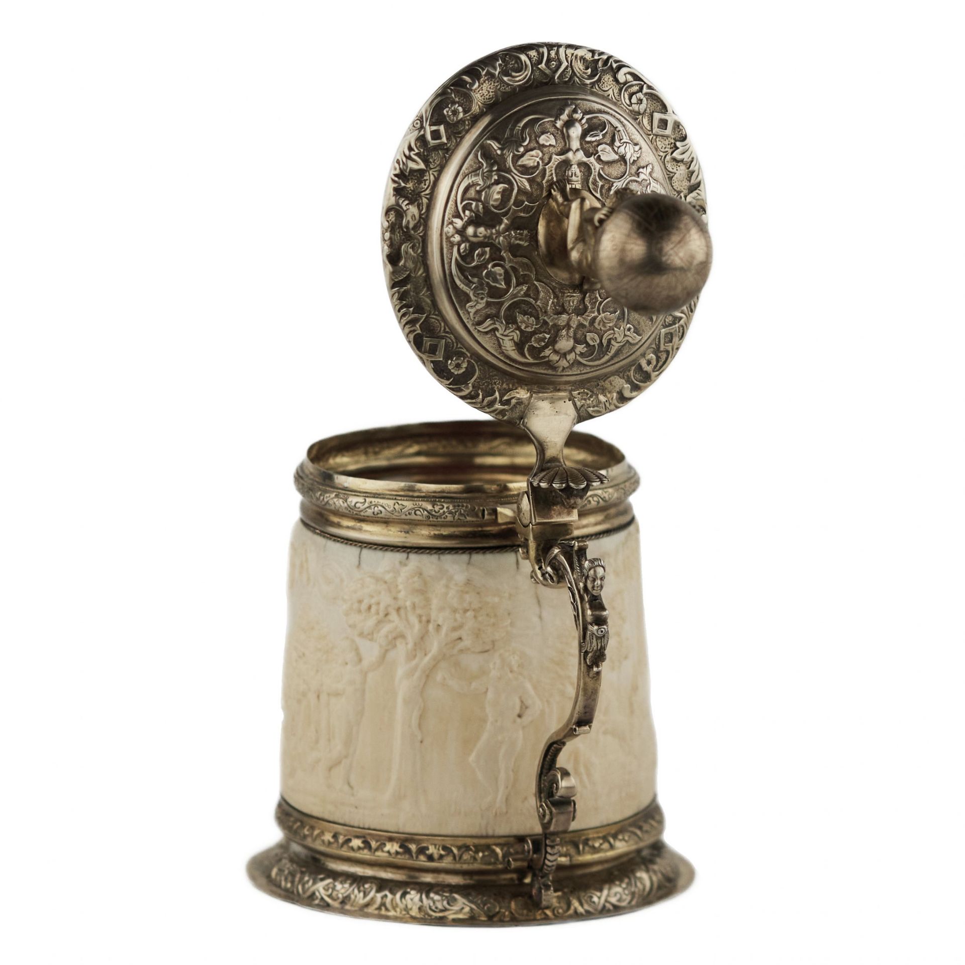 Silver beer goblet with Atlas on the lid and religious scenes on ivory. Lubeck. 17th century. - Image 6 of 14