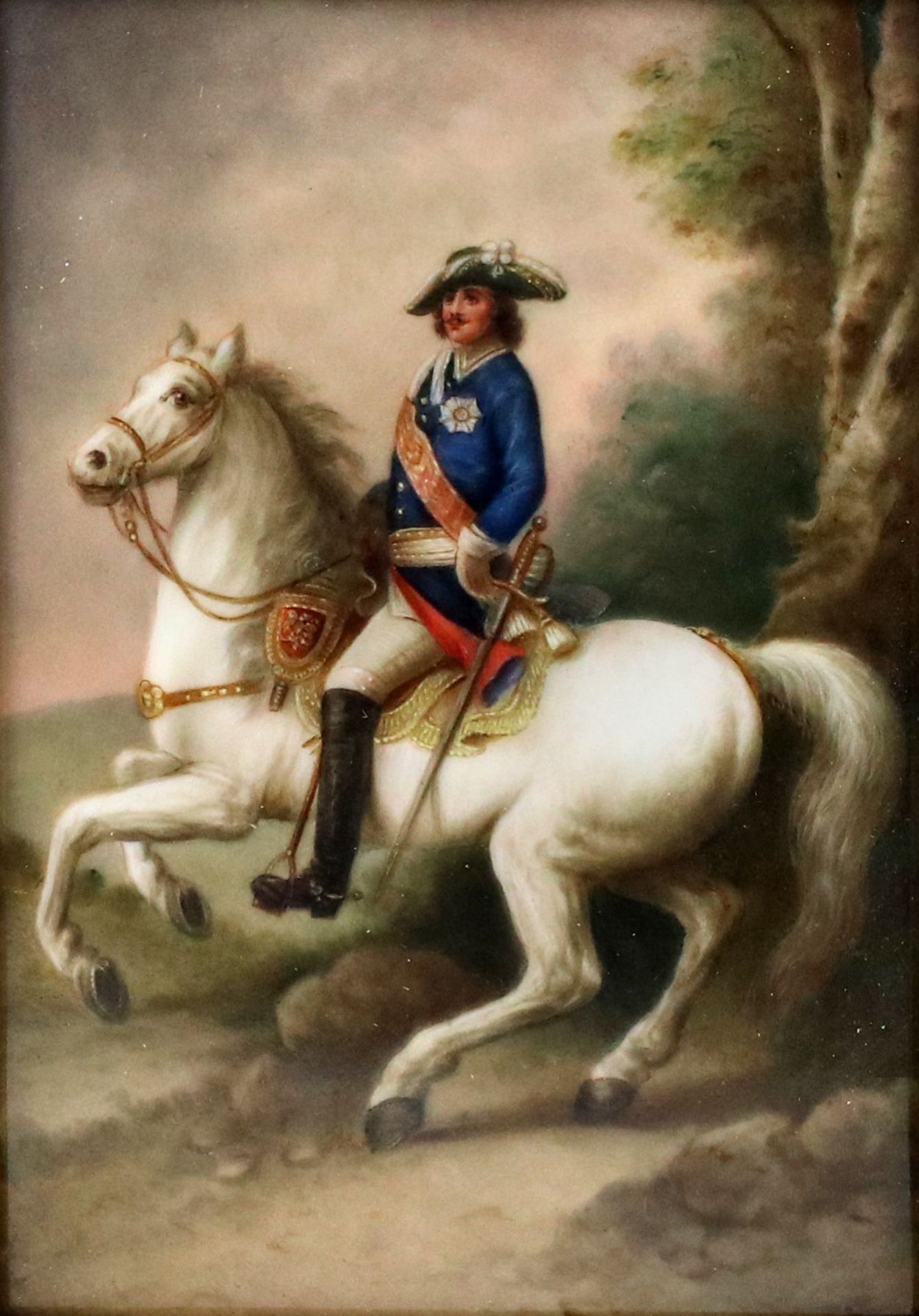 Porcelain plaque. Portrait of the equestrian monarch Peter the Great. 19th century. - Image 2 of 5