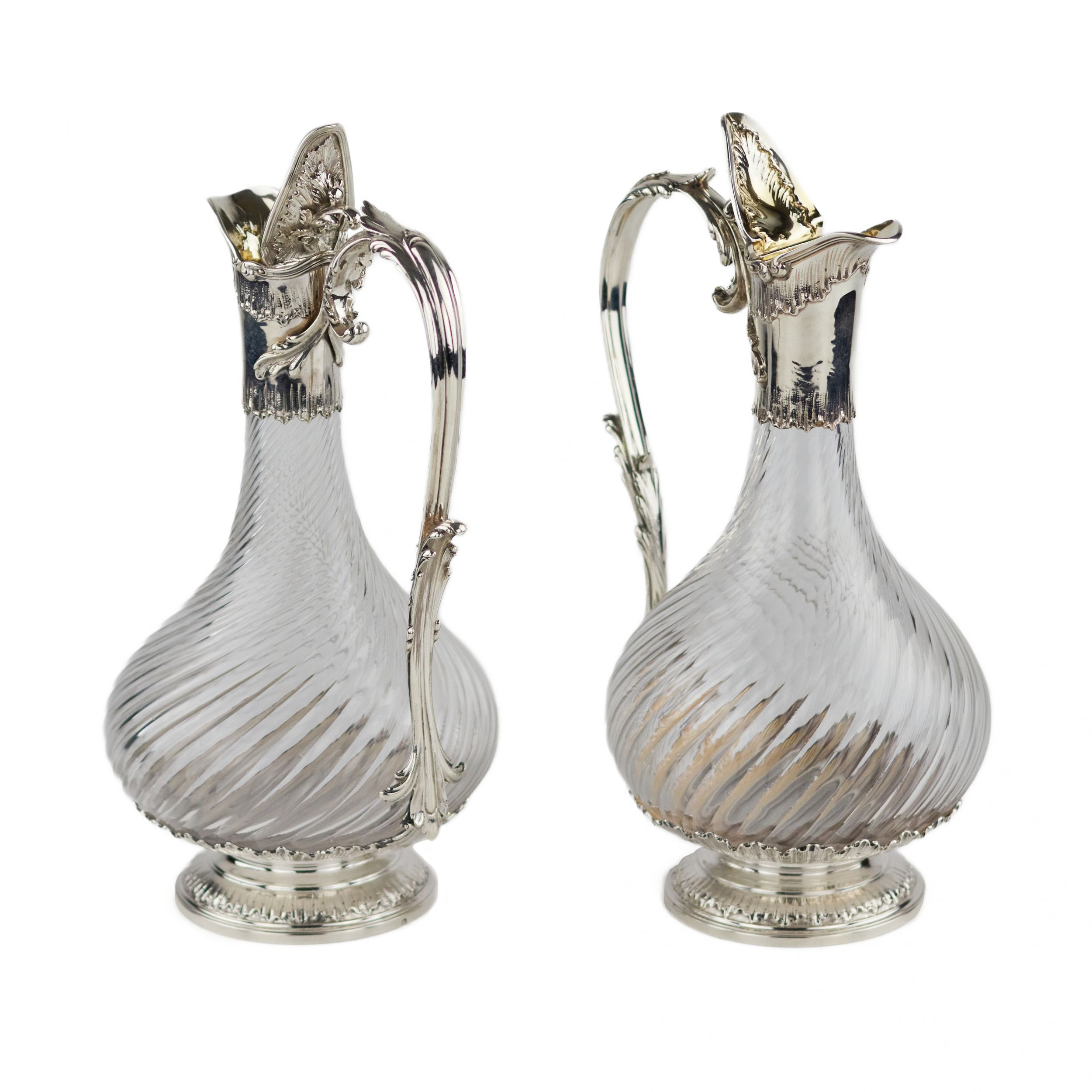 Pair of French, spiral glass wine jugs with silver. Late 19th century. - Image 3 of 6