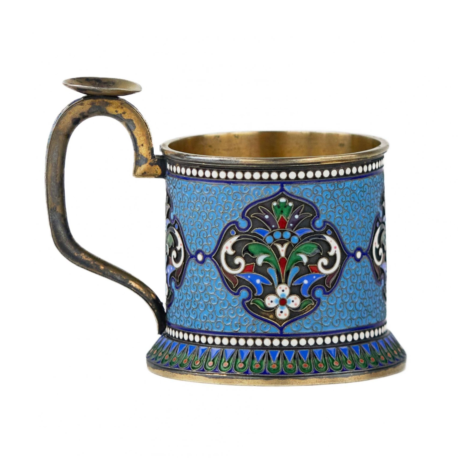Silver glass holder in neo-Russian style with cloisonne enamel and gilding. Lyubavin. End of the 19 - Bild 4 aus 9