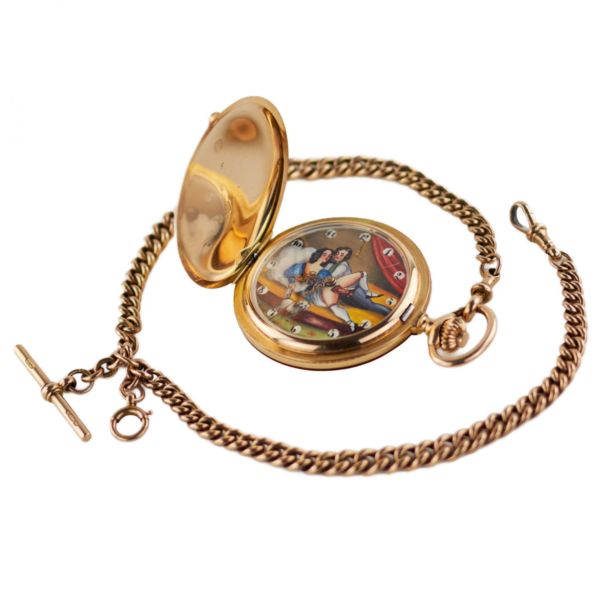 Gold, three-case, pocket watch with a chain and an erotic scene on the dial. 1900