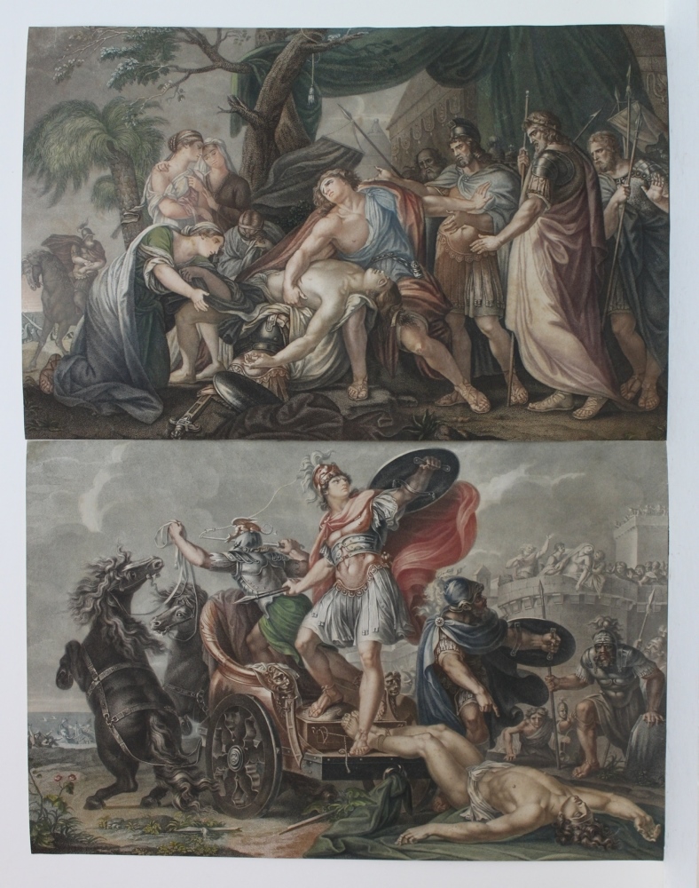 Troia. Achilles und Hektor. (Zorn und Trauer) Zwei kolorierte Kupferstiche, (von Domenico Cunego