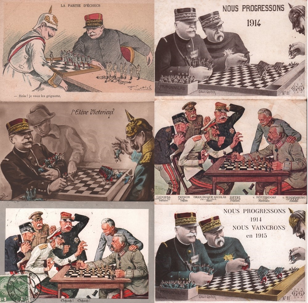 Postkarte. Karikaturen vom 1. Weltkrieg. Konvolut von 6, meist farbigen und meist postalisch