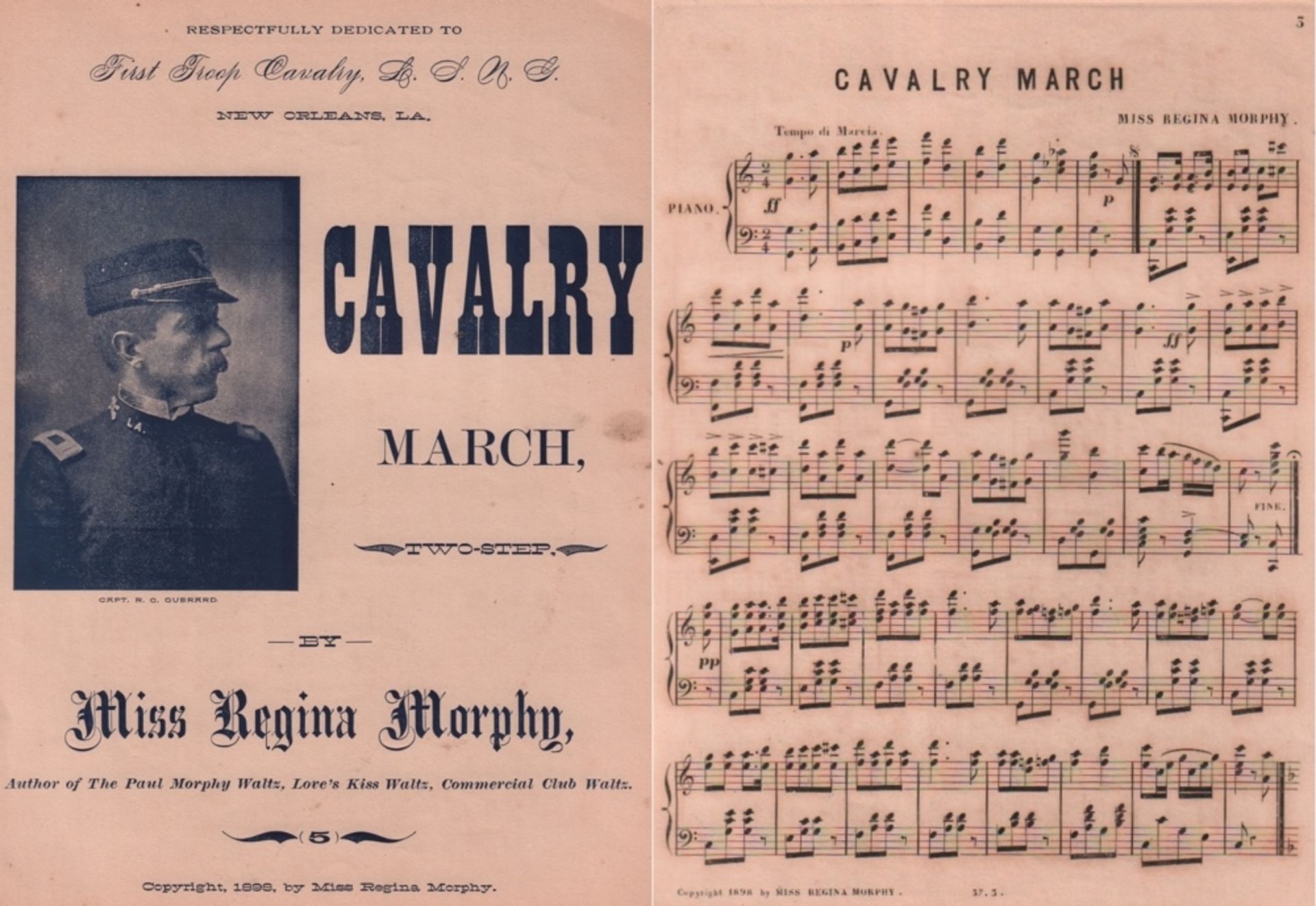 Morphy, Regina. Cavalry March, by Miss Regina Morphy. Ohne Ort 1898. Folio. Titelblatt, 2 Bll.