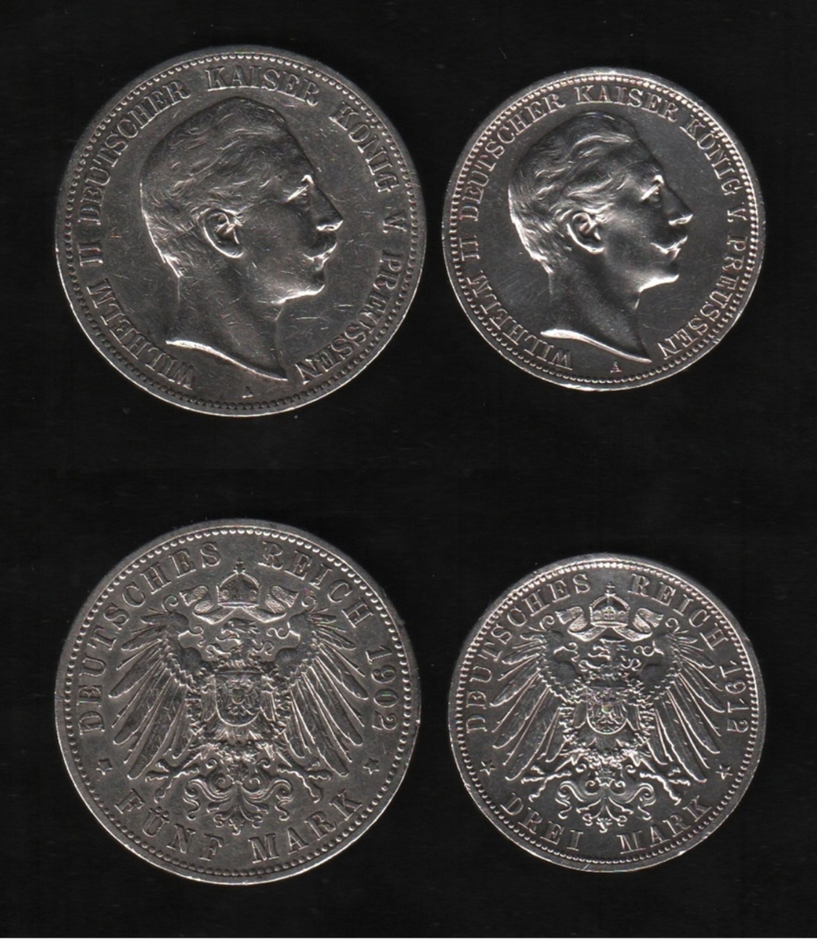 Deutsches Reich. 2 Silbermünzen. 3 und 5 Mark. Wilhelm II., Deutscher Kaiser. A 1912 und A 1902.