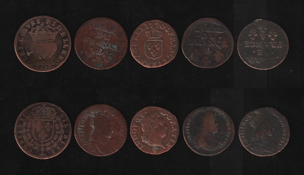 Frankreich. Ludwig XIV. und Ludwig XV. Konvolut von 5 Kleinmünzen und Jeton aus der Zeit der