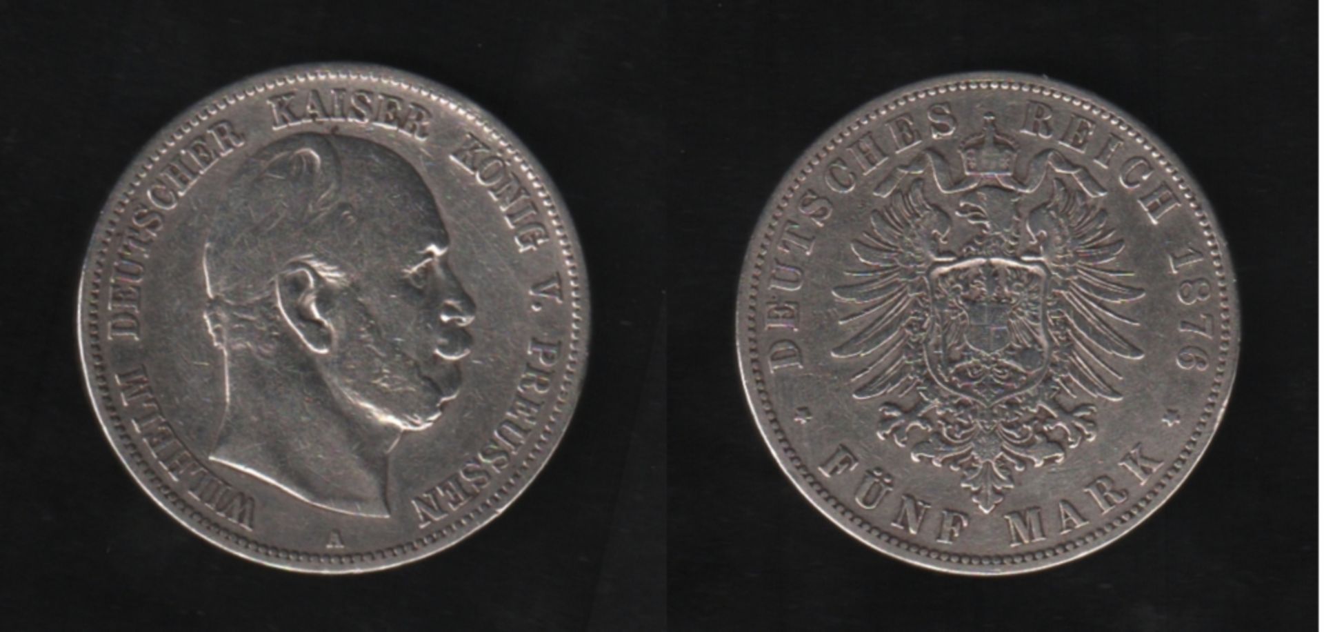 Deutsches Reich. Silbermünze. 5 Mark. Wilhelm I., Deutscher Kaiser. A 1876. Vorderseite: Porträt