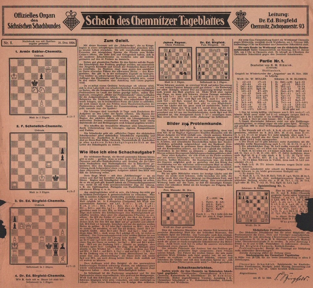 Schach des Chemnitzer Tageblattes. Offizielles Organ des Sächsischen Schachbundes. Leitung: Ed.