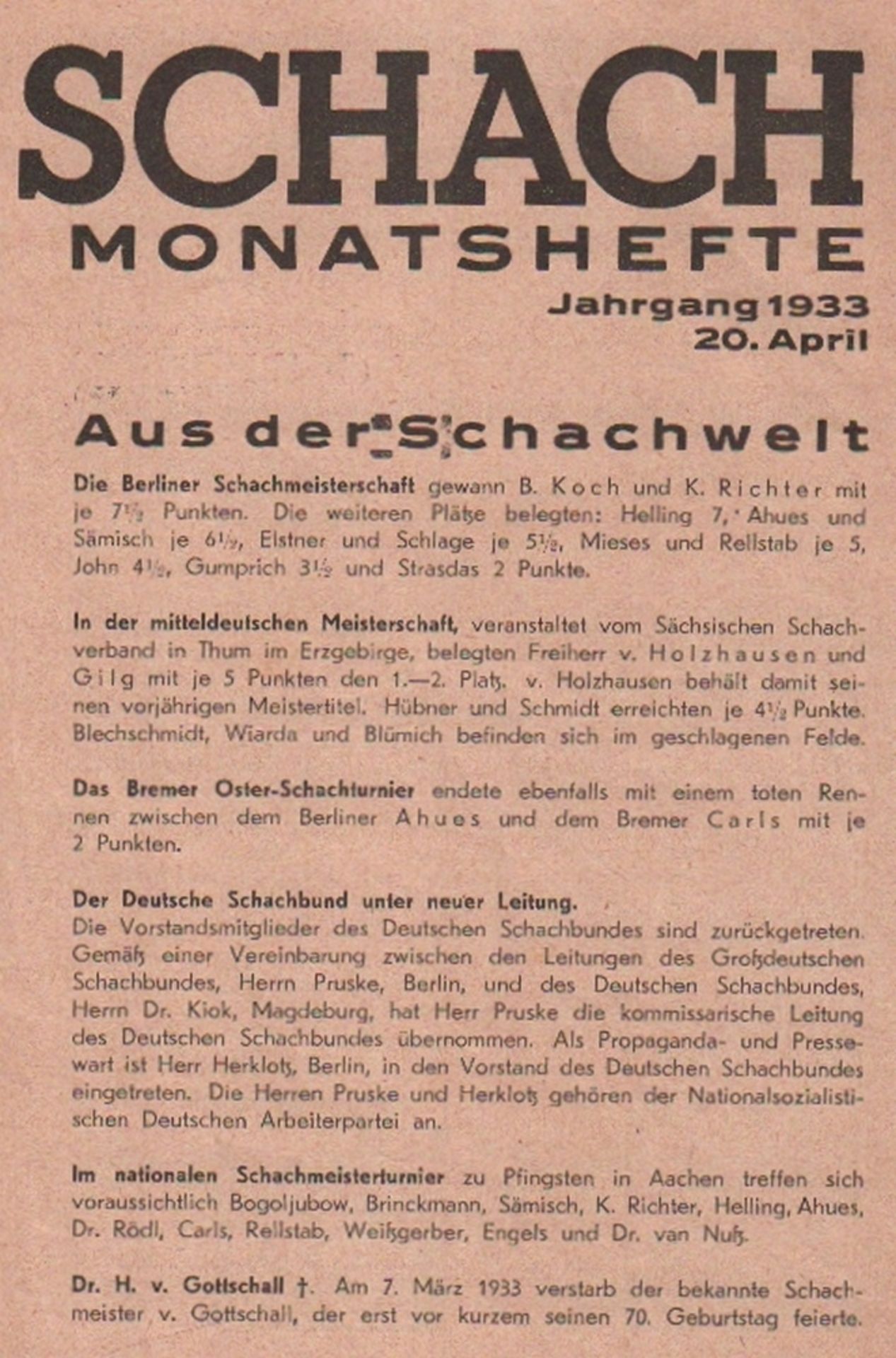 Schach – Monatshefte. Herausgeber und verantwortlich für den Inhalt: Kurt Kubath. Jahrgang 1933, [