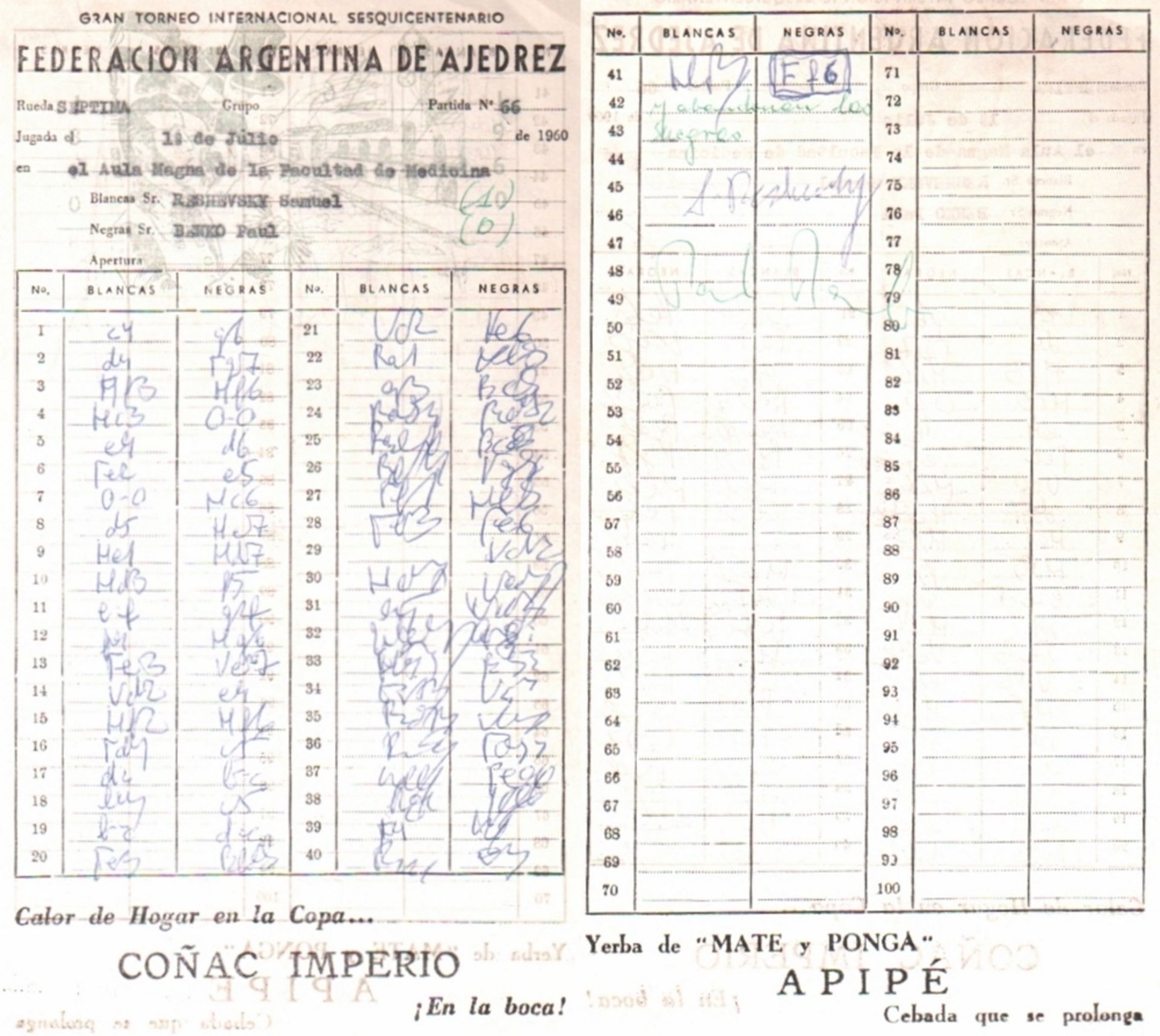 Reshevsky - Benkö. Handschriftliches Spielerprotokoll der Partie No. 66 Samuel Reshevsky – Pal Benkö