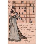 Postkarte. Königin vor Schachbrett. Farbige, postalisch gelaufene Postkarte mit der Reproduktion