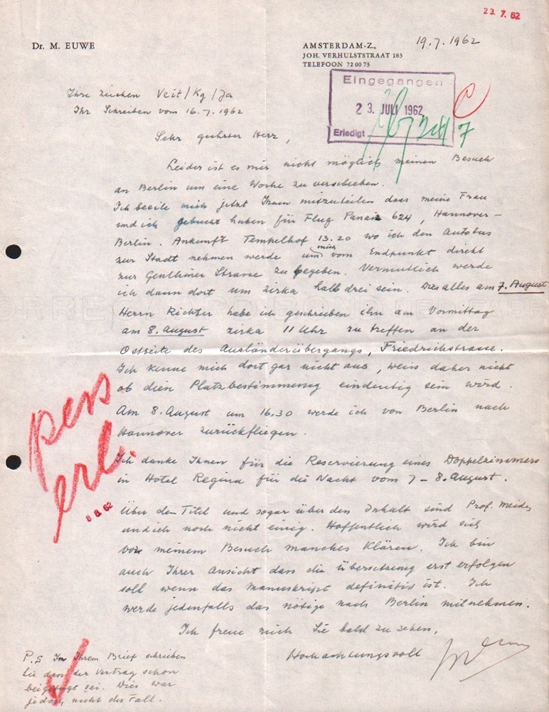 Euwe, Max. Eigenhändig geschriebener Brief von Max Euwe, signiert und datiert "19.07. 1962".