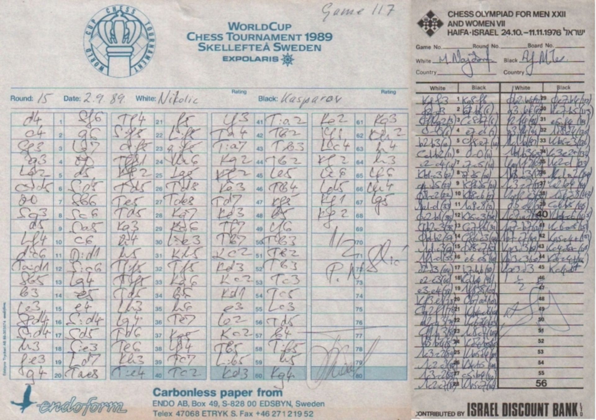 Nikolic – Kasparow. Handschriftliches Spielerprotokoll der Partie No. 117 Nikolic - Kasparow vom 2.