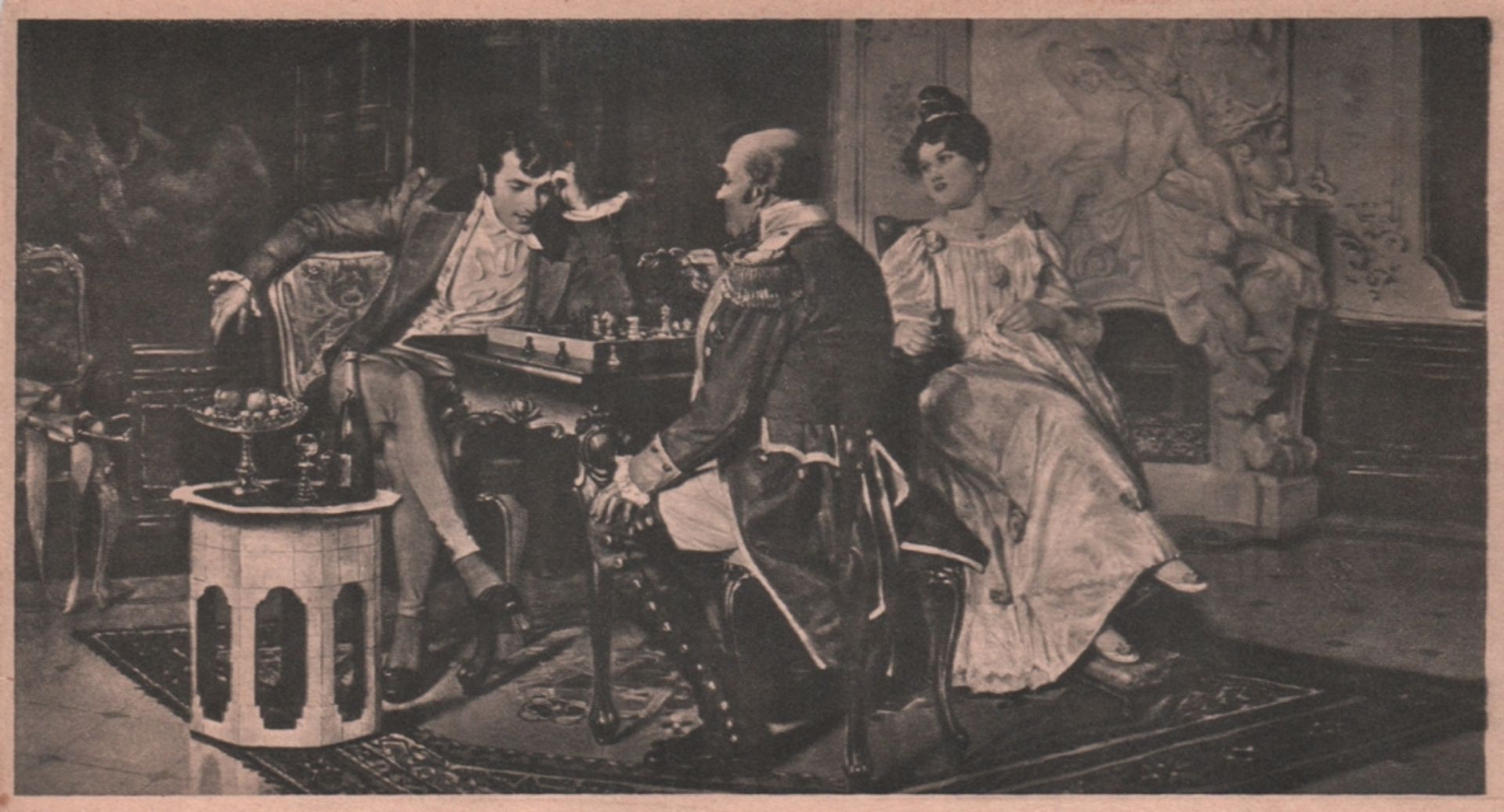 Postkarte. Zwei Herren beim Schachspiel. 5 schwarzweiße und postalisch gelaufene Postkarten aus