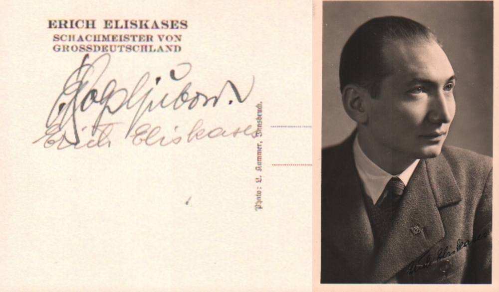 Eliskases, Erich. Postalisch nicht gelaufene, schwarzweiße Postkarte mit dem Halbporträt von Erich