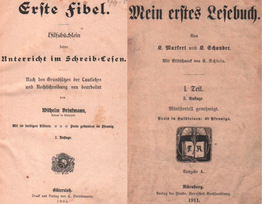 Fibel. Brinckmann, Wilhelm. Erste Fibel. Hilfsbüchlein beim Unterricht im Schreib – Lesen. Nach