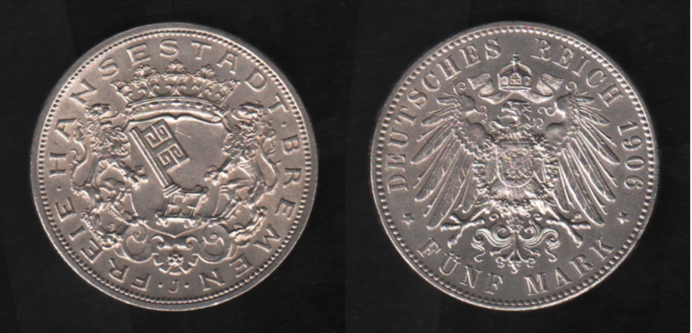 Deutsches Reich. Silbermünze. 5 Mark. Freie Hansestadt Bremen. J 1906. Vorderseite: Wappen der Stadt