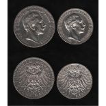 Deutsches Reich. 2 Silbermünzen. 3 und 5 Mark. Wilhelm II., Deutscher Kaiser. A 1908 und A 1903.