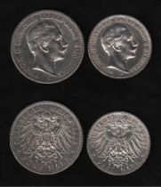 Deutsches Reich. 2 Silbermünzen. 3 und 5 Mark. Wilhelm II., Deutscher Kaiser. A 1908 und A 1903.