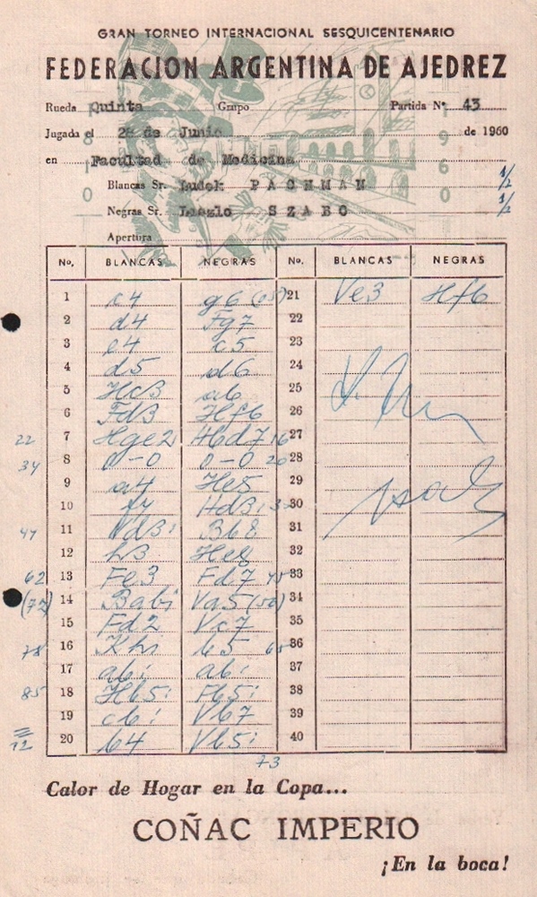 Szabó - Pachman. Handschriftliches Spielerprotokoll von Szabó der Partie No. 43 Ludek Pachman –