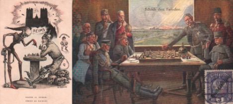 Postkarte. Karikaturen vom 1. Weltkrieg und zu Krieg und Schach. 4, farbige und teils postalisch