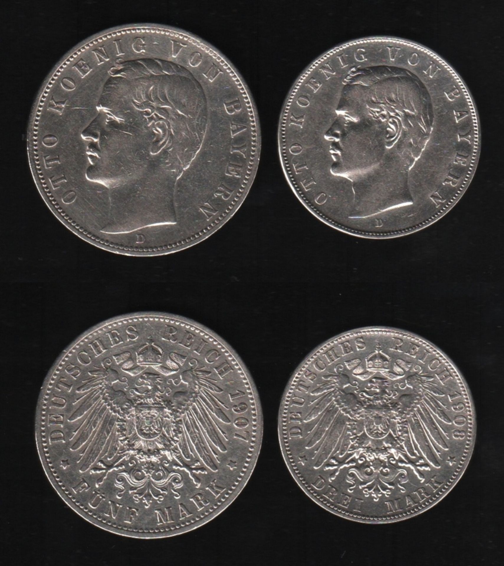 Deutsches Reich. 2 Silbermünzen. 3 und 5 Mark. Otto, König von Bayern. D 1908 und 1907. Vorderseite: