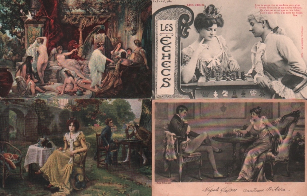 Postkarte. Schachspielszenen. Konvolut von 9 teils farbigen und teils postalisch gelaufenen