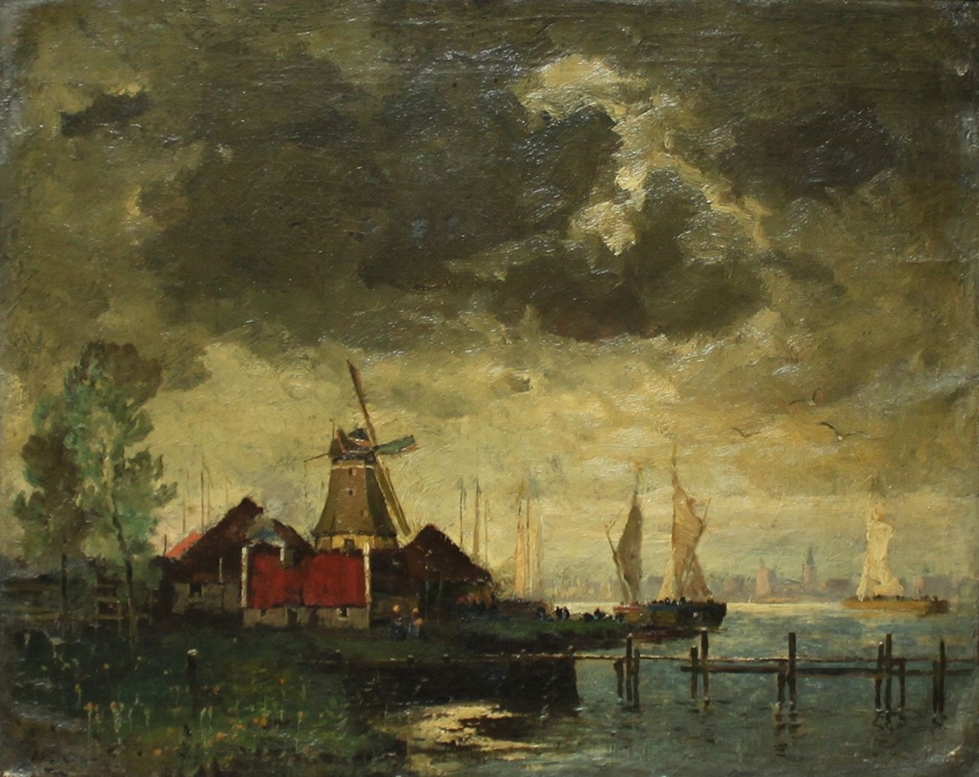Holländische Landschaft mit Windmühle und Schiffen. Ölmalerei (Mischtechnik) auf Leinwand über