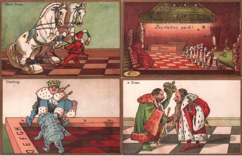 Postkarte. Karikaturen mit vermenschlichten Schachfiguren. Serie mit 12 postalisch nicht gelaufenen,