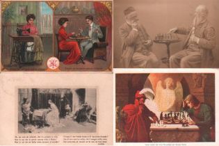 Postkarte. Herren beim Schachspiel. 9, teils farbige und meist postalisch gelaufene Postkarten aus