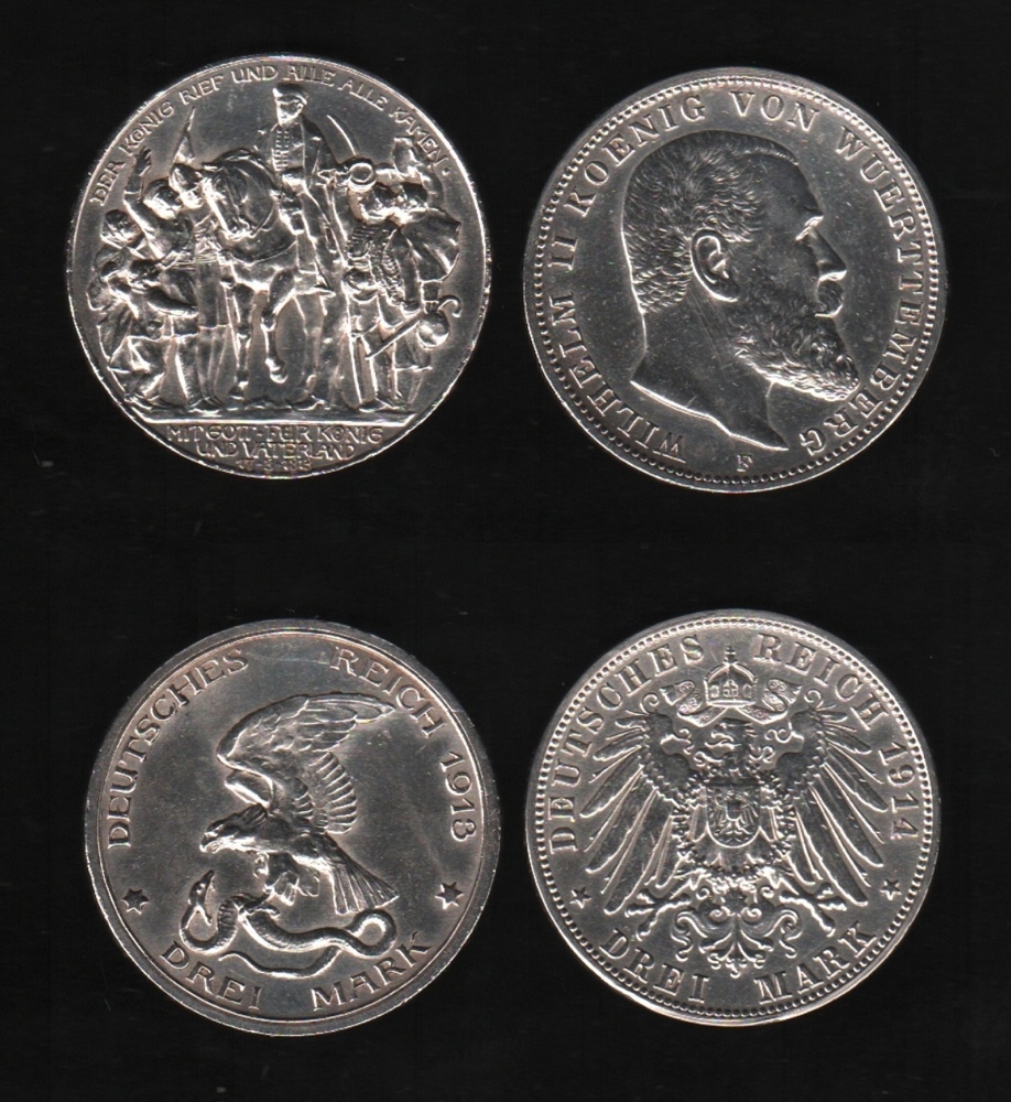 Deutsches Reich. Silbermünze. 3 Mark. Wilhelm II., König von Württemberg. F 1914. Vorderseite: