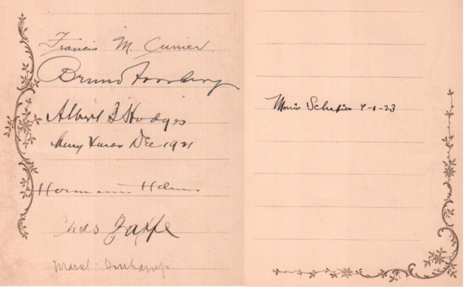 Duchamp, Marcel, Charles Jaffé und Albert B. Hodges. Autographenblatt mit 8 eigenhändigen