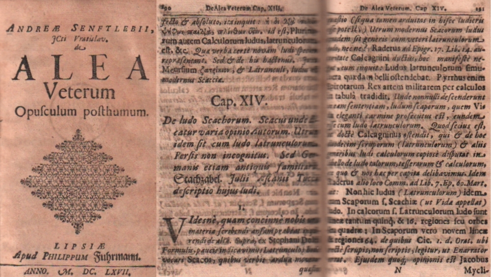 Senftleben, Andreas. De alea veterum. Opusculum posthumum. Leipzig, Ph. Fuhrmann, 1667. 8°. 7