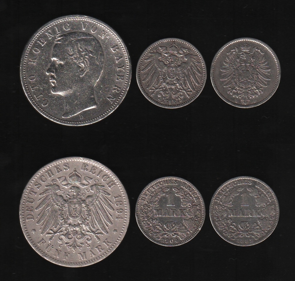 Deutsches Reich. Silbermünze. 5 Mark. Otto, König von Bayern. D 1894. Vorderseite: Porträt König