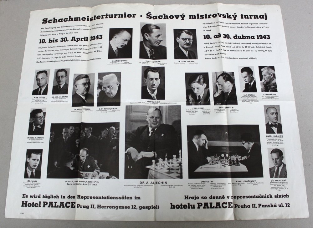 Plakat. Prag 1943. Schwarzweißes Plakat zum Turnier in Prag 1943 “Schachmeisterturnier … in Prag