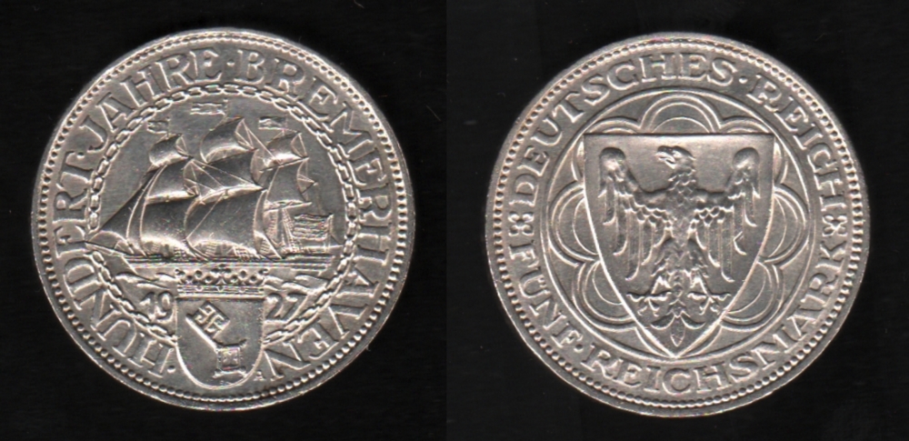 Deutsches Reich. Silbermünze. 5 Reichsmark. Hundert Jahre Bremerhaven. A 1927. Vorderseite: Dreimast