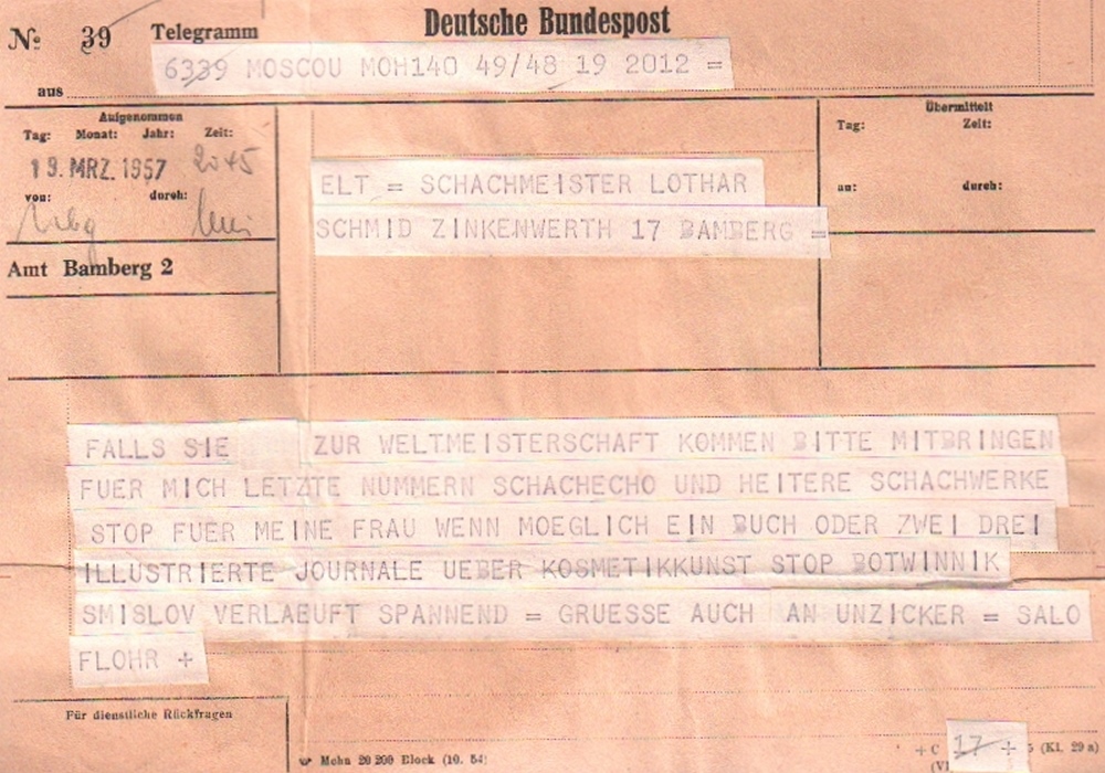 Flohr, Salo. Telegramm von Salo Flohr an Lothar Schmid vom 13. März 1957 auf einem Blatt der