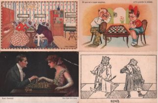 Postkarte. Damen und Herren beim Schachspiel. 9, teils farbige und meist postalisch gelaufene