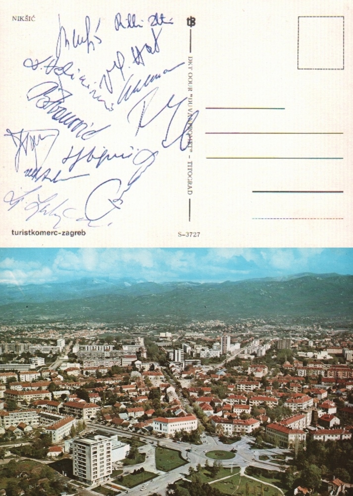 Niksic 1978. Farbige, postalisch nicht gelaufene Postkarte mit 12 eigenhändigen Unterschriften der