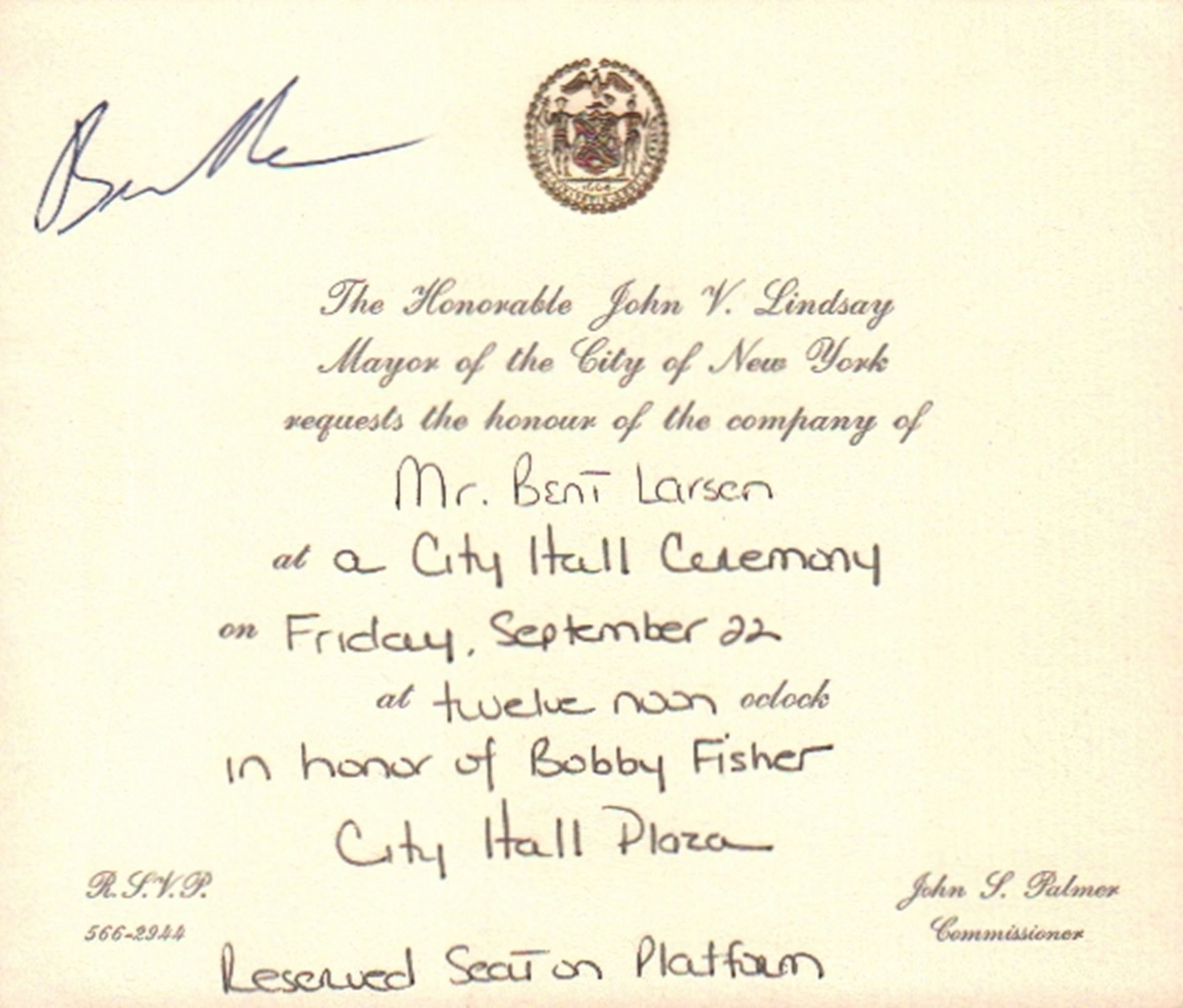 Larsen, Bent. Gedruckte Einladungskarte des New Yorker Bürgermeisters John Lindsay mit