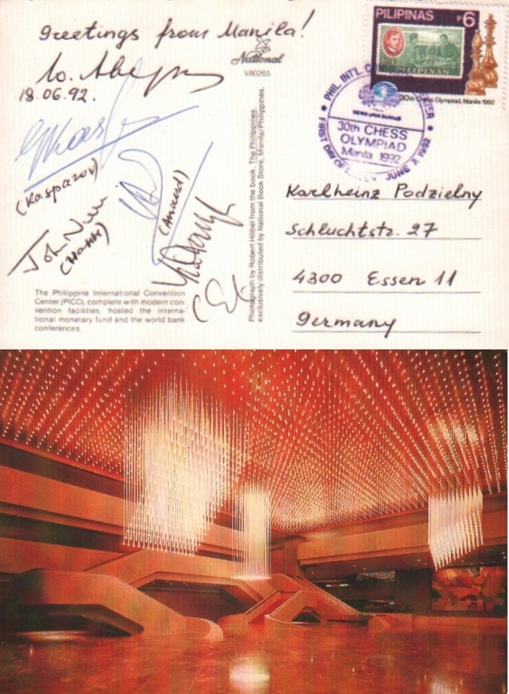 Manila 1992. Farbige, postalisch gelaufene Postkarte mit Schachbriefmarke und Sonderstempel zur