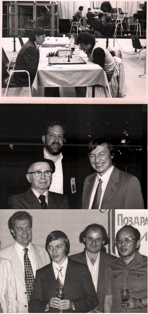 Foto. Karpow, Anatoli, S. Reshevsky und Yasser Seirawan. Konvolut von 3 schwarzweißen Fotos mit